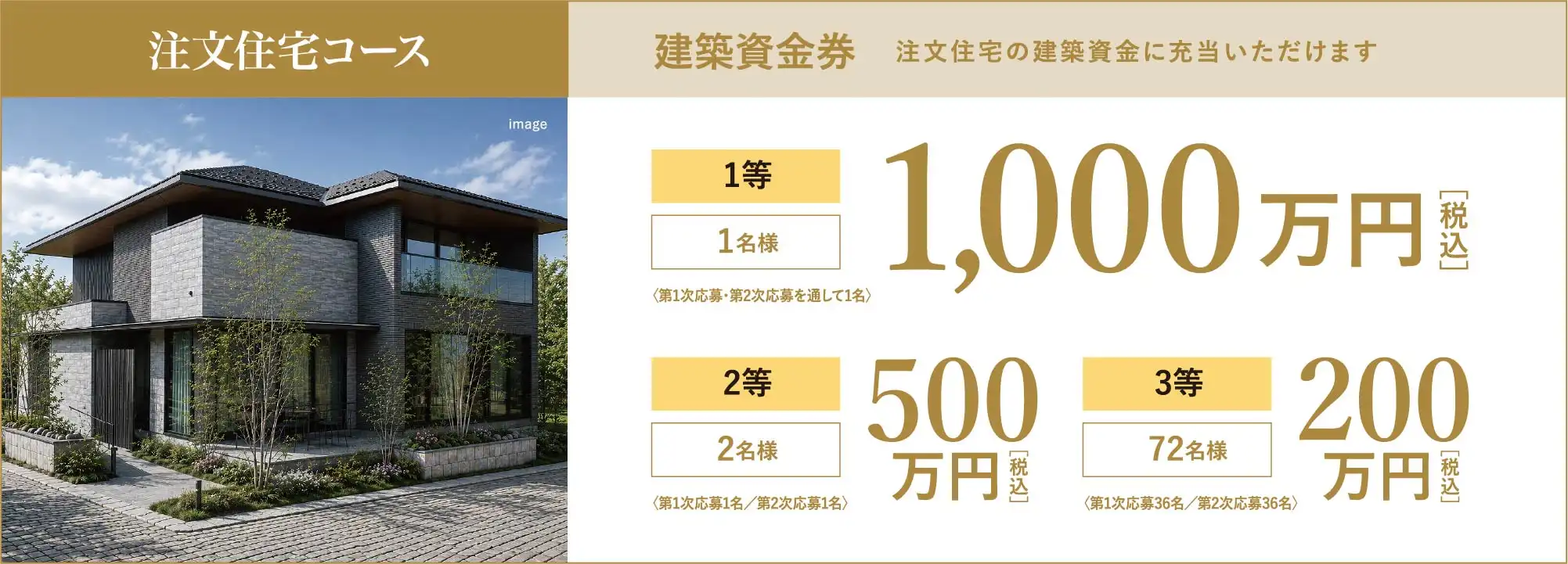 注文住宅コース 建築資金券 1等1,000万円・2等500万円・3等200万円