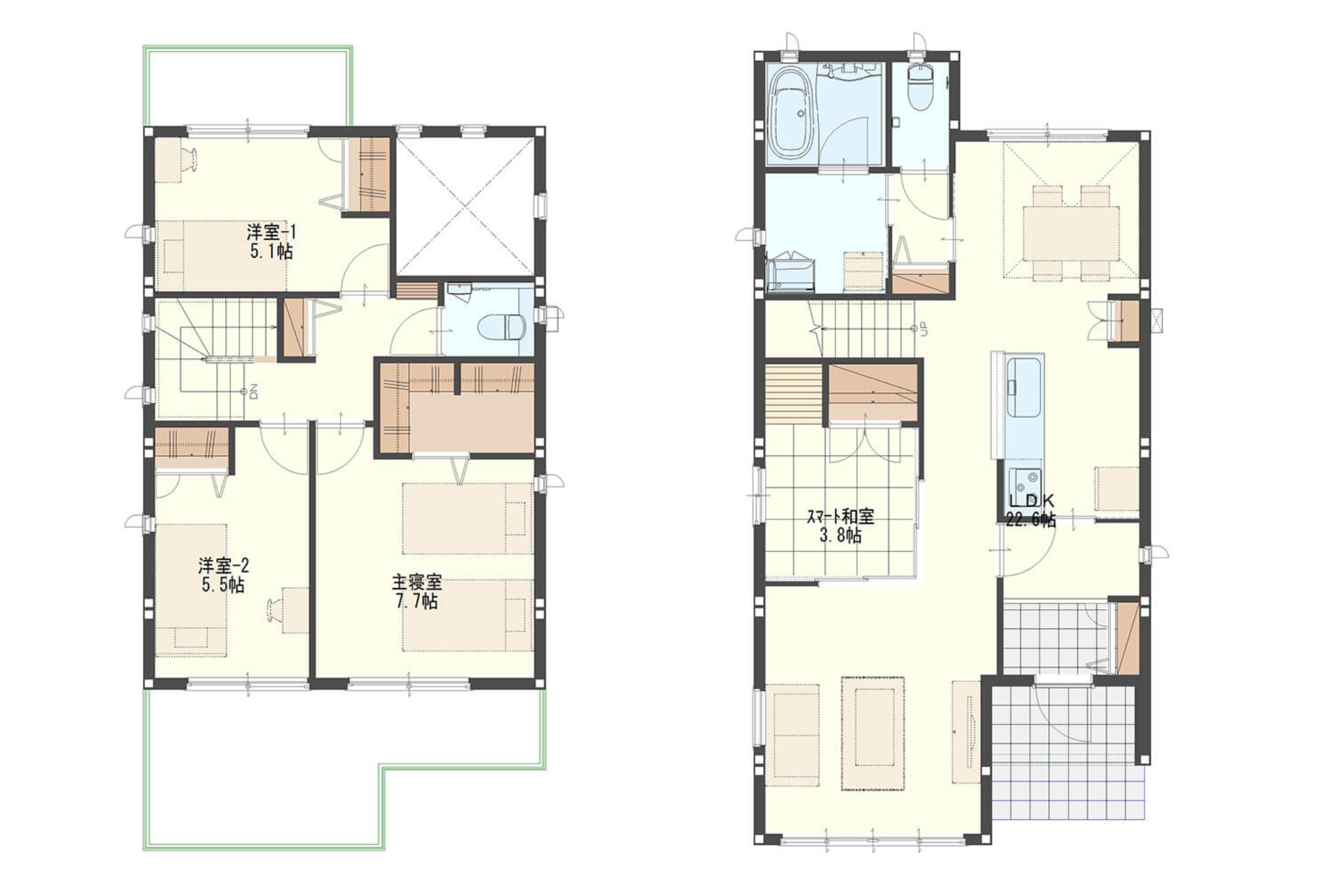 【33.8坪】4LDKの2階建ての間取り図