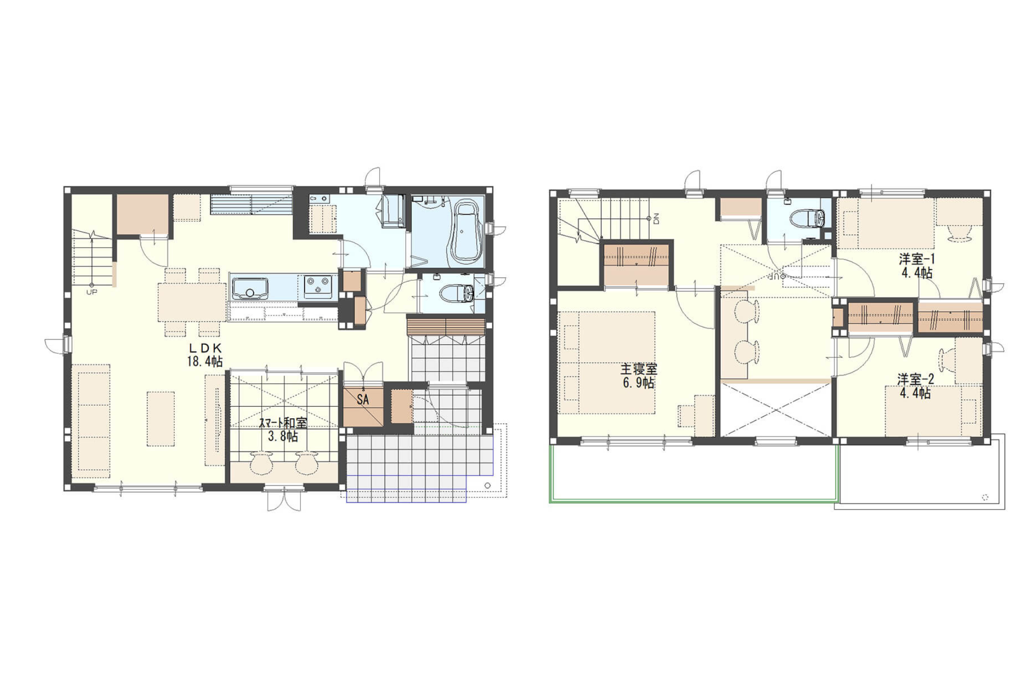 【30.7坪】4LDKの2階建ての間取り図