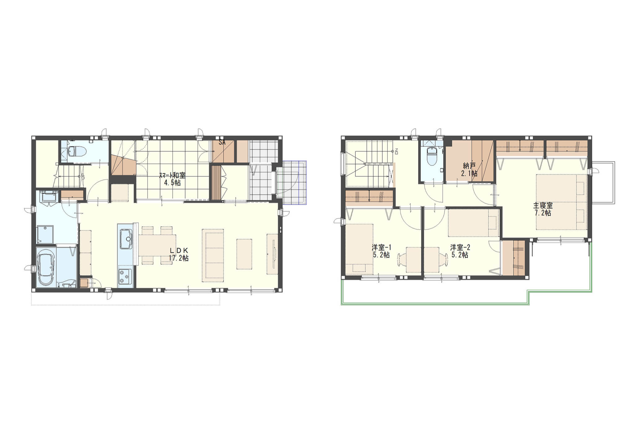 【33.3坪】コンパクトな動線で生活が楽な2階建て間取り図