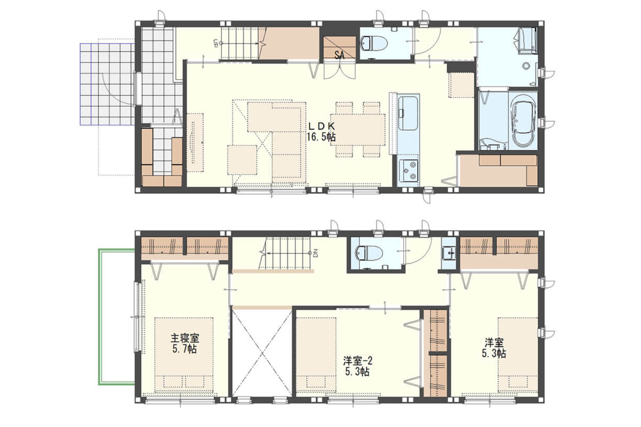 【29.3坪】パントリーや玄関収納を確保した2階建て狭小住宅の間取り図