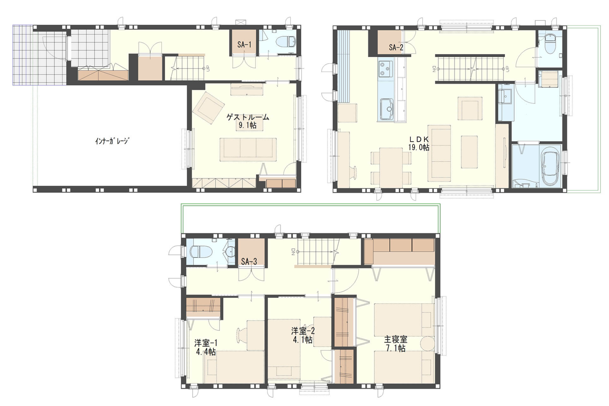 【46.1坪】インナーガレージ付きの3階建て狭小住宅の間取り図
