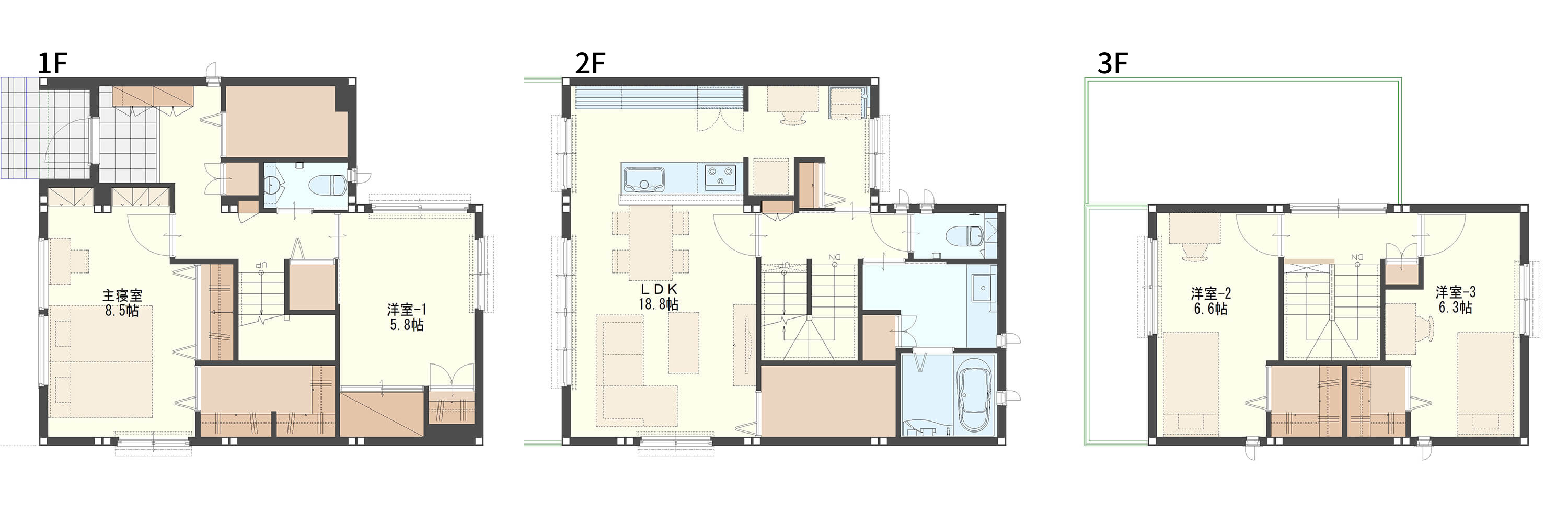 アクセスしやすいパントリーがある3階建て注文住宅の間取り図