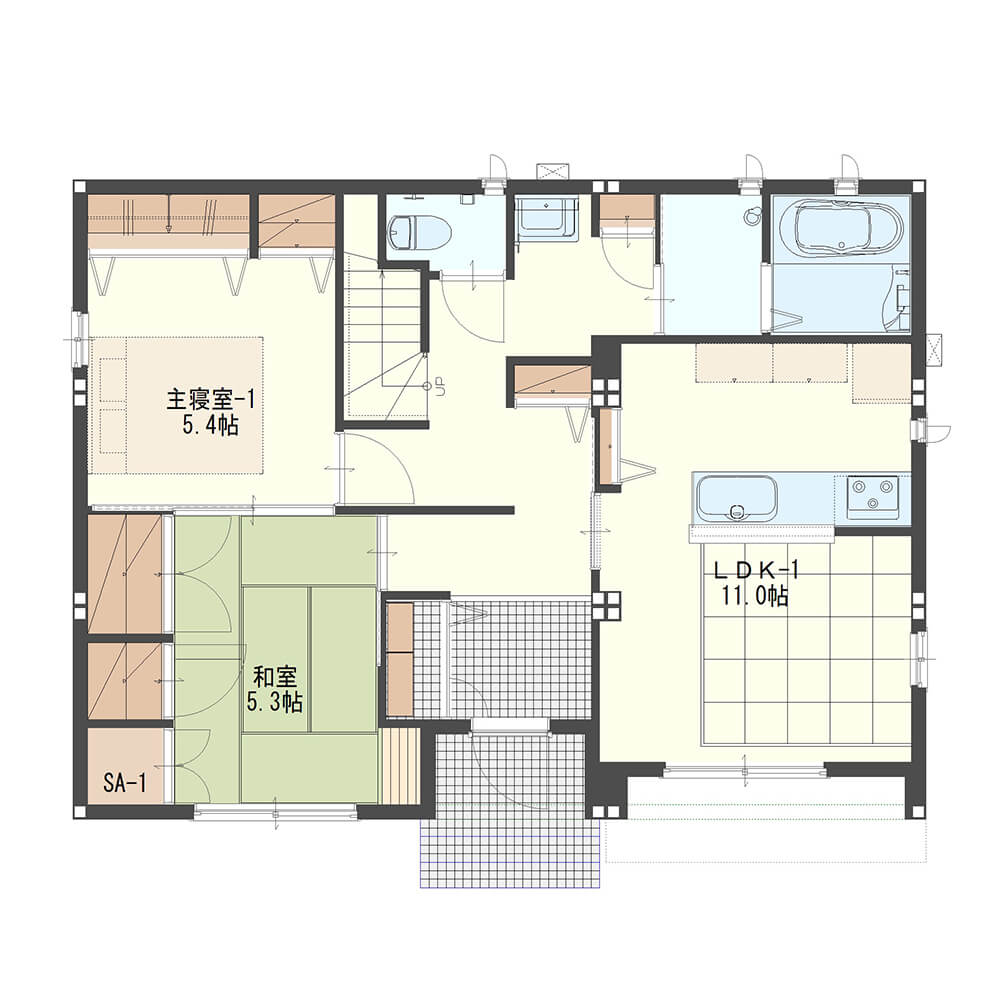 【41.5坪・5LDK・2階建て】共有の玄関・ホールで互いの暮らしを感じあう二世帯住宅①