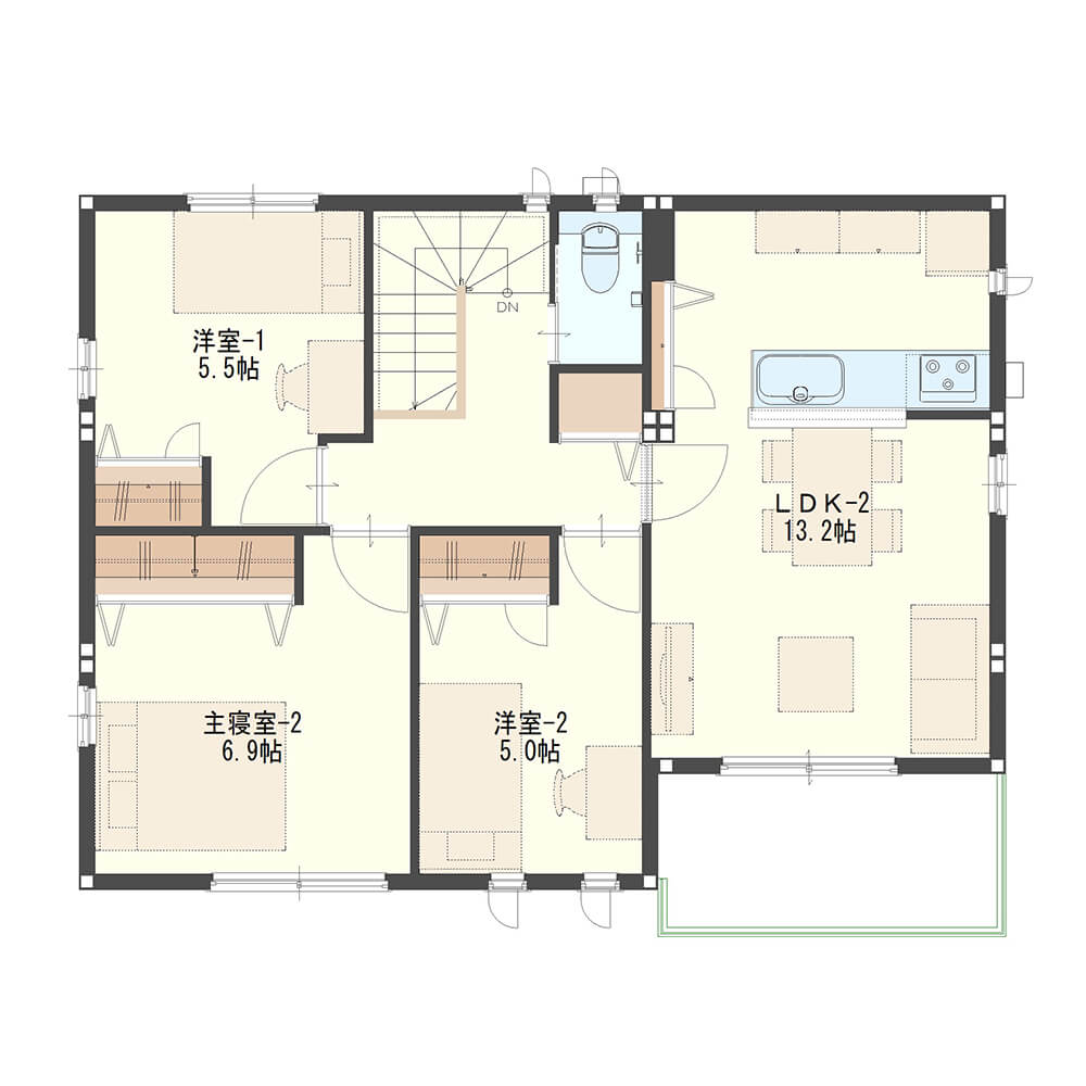 【41.5坪・5LDK・2階建て】共有の玄関・ホールで互いの暮らしを感じあう二世帯住宅②