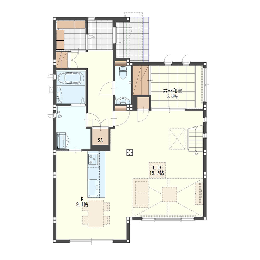 【45坪・4LDK・2階建て】2階のセカンドリビングと繋がる吹き抜けの家①