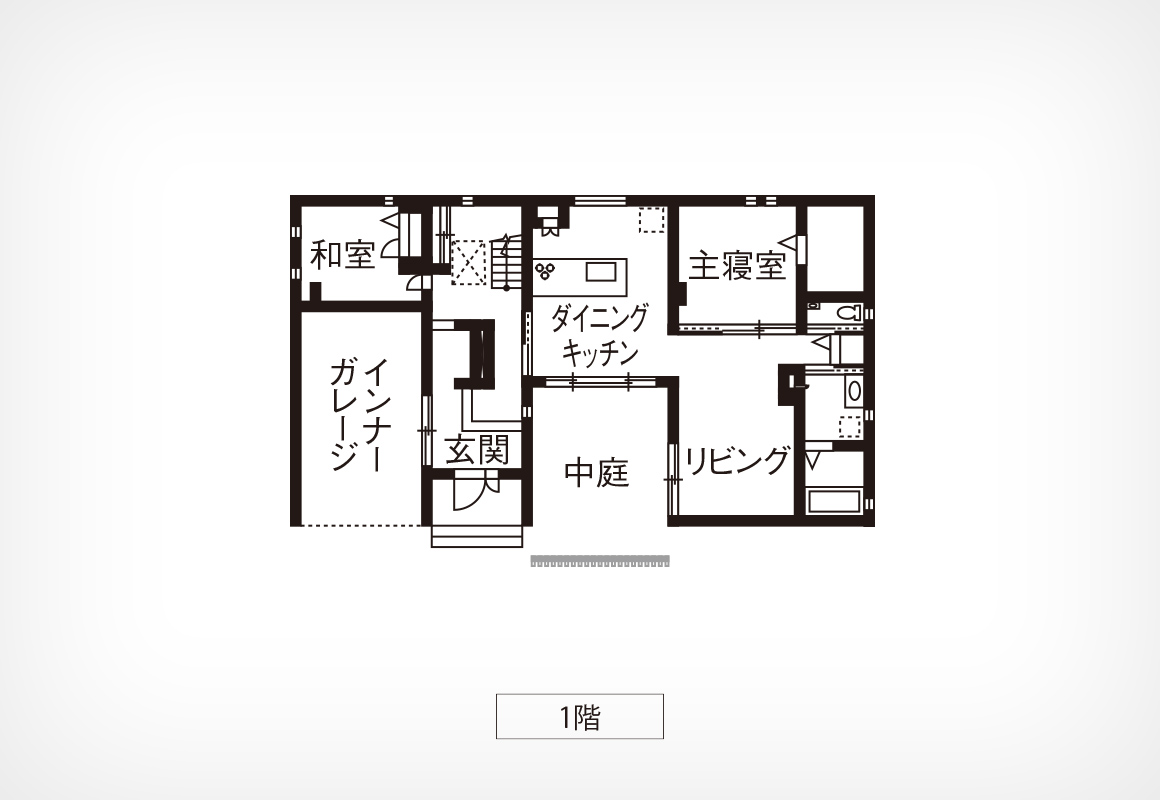 【61坪・2階建て二世帯住宅】利便と安全を考えたビルトインガレージのある住まい間取り図①