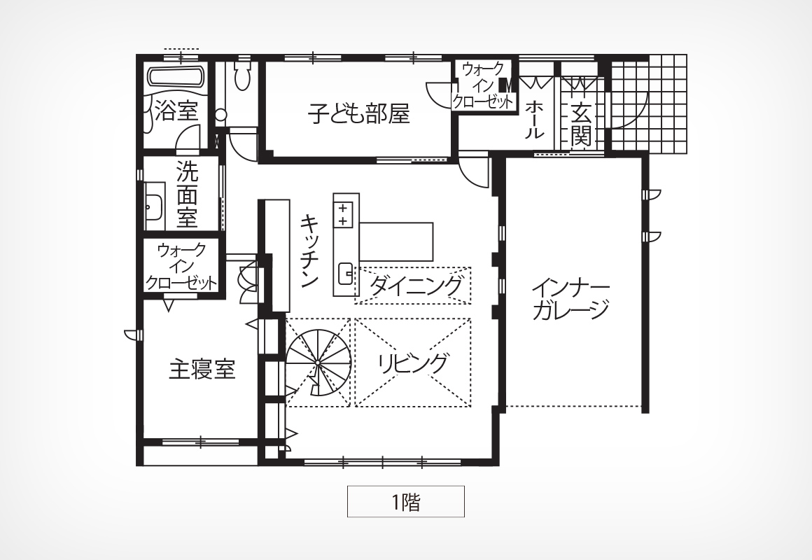 【62坪・平屋】ご主人こだわりが詰まった、家族からも大好評なビルトインガレージのある住まい間取り図①