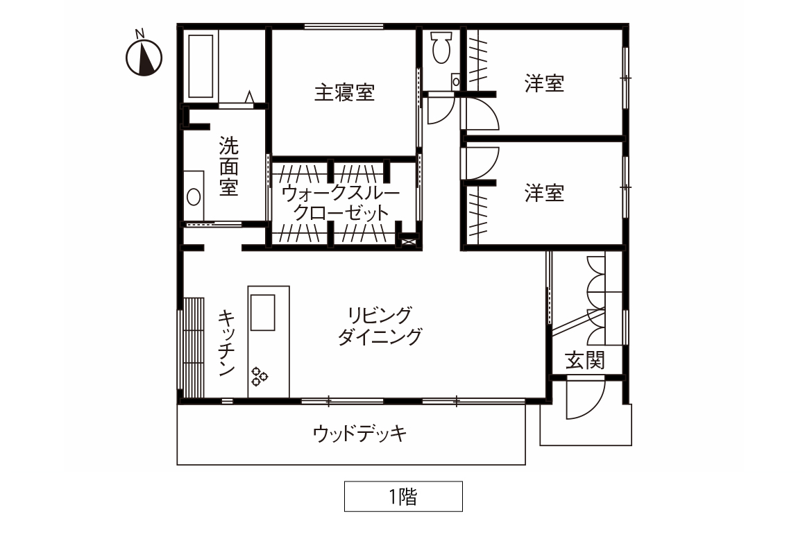 リビングと洗面室が直結するウォークスルークローゼット回遊動線の間取り図
