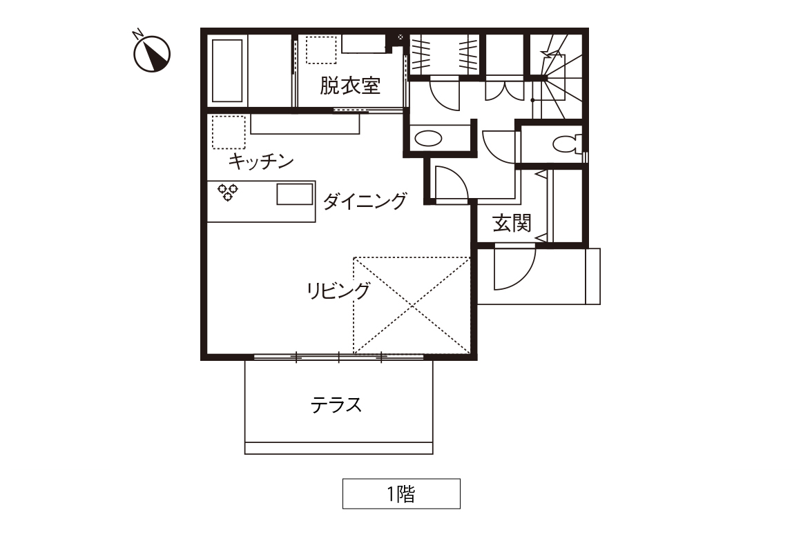 水回り・LDK・玄関を結ぶ無駄のない回遊動線の間取り図①