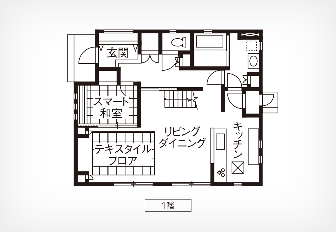 キッチンと洗面室が直結した家事ラク回遊動線の間取り図①