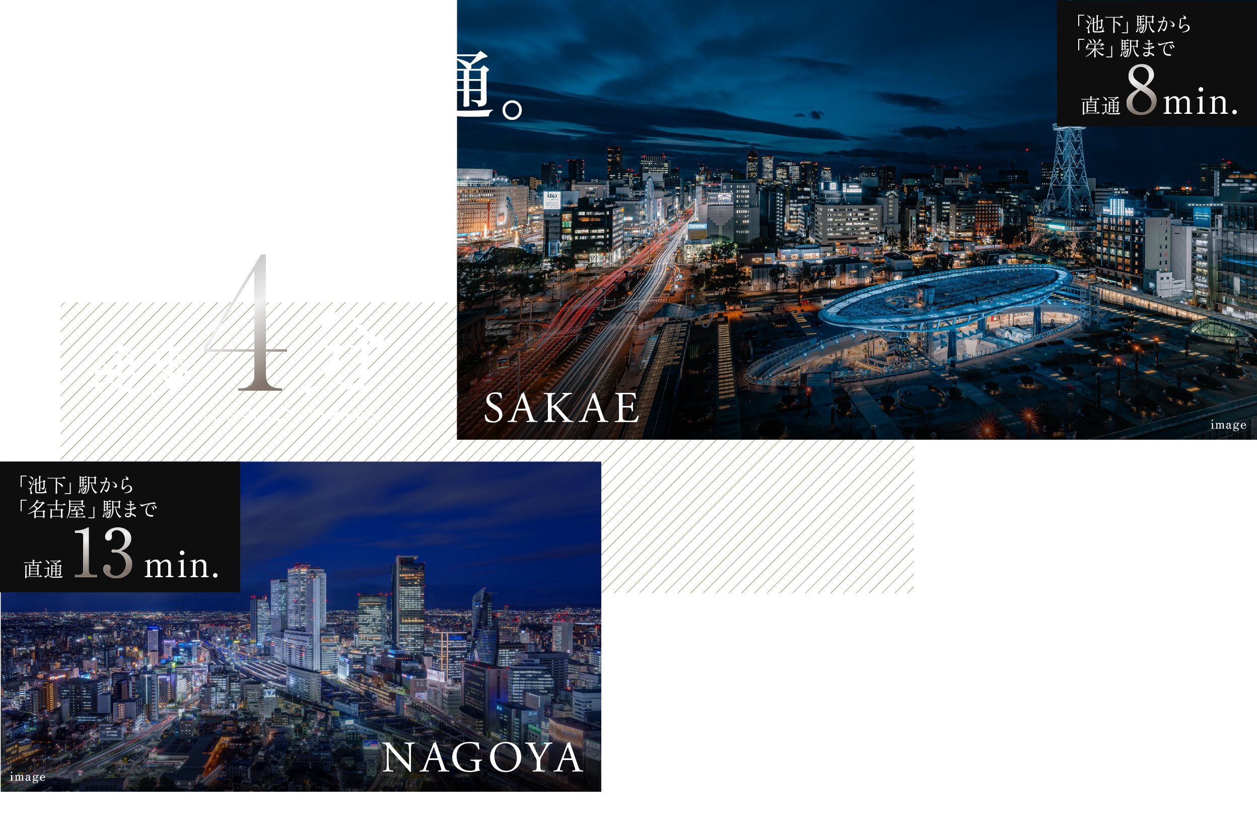 栄・名駅へ直通。地下鉄東山線「池下」駅分4徒歩（1番出入口・約280m）
          「池下」駅から「栄」駅まで直通8min.
          「池下」駅から「名古屋」駅まで直通13min.
