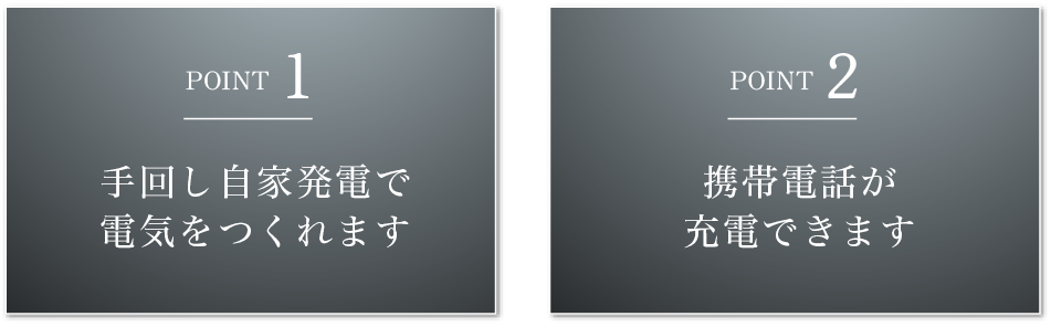 Point 1 手回し自家発電で電気をつくれます／Point 2 携帯電話が充電できます
