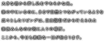 大きな窓から差し込むやわらかな光。家の中にいるのに、まるで自然とつながっているような広々としたリビングは、自由設計だから叶えられた家族みんなのお気に入りの場所。ここから、今日も素敵な一日が始まります。