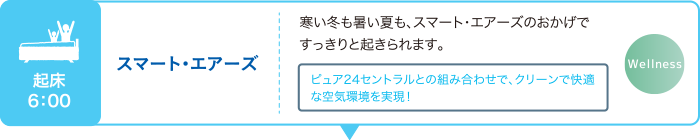 起床6:00 スマート・エアーズ 寒い冬も暑い夏も、スマート・エアーズのおかげですっきりと起きられます。 ピュア24セントラルとの組み合わせで、クリーンで快適な空気環境を実現！