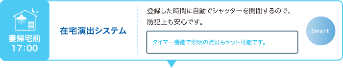 妻帰宅前17:00 在宅演出システム 登録した時間に自動でシャッターを開閉するので、防犯上も安心です。タイマー機能で照明の点灯もセット可能です。