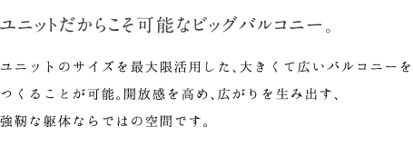 ユニットだからこそ可能なビッグバルコニー。｜ユニットのサイズを最大限活用した、大きくて広いバルコニーをつくることが可能。開放感を高め、広がりを生み出す、強靭な躯体ならではの空間です。